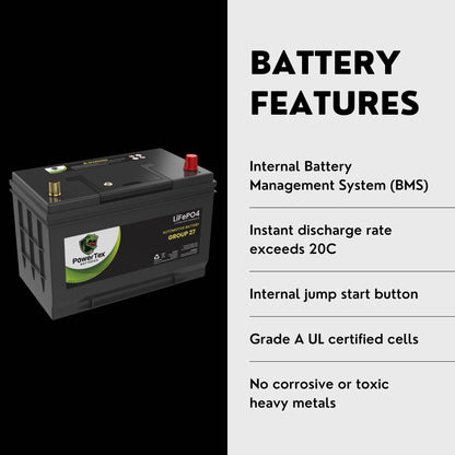 PowerTex Batteries BCI Group 27 / 27M Lithium LiFePO4 Automotive & Marine Battery - PTLG27