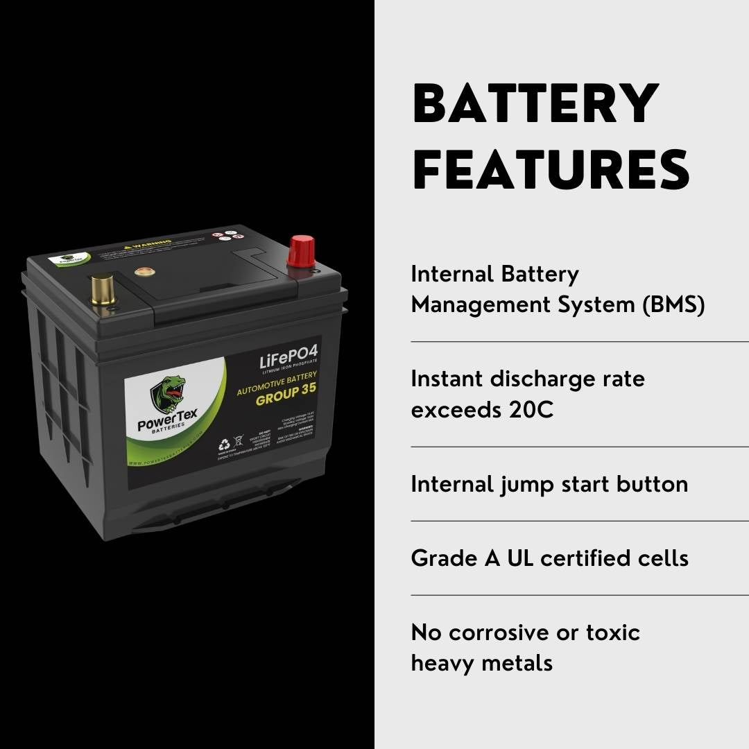 PowerTex 2009 Honda Accord Car Battery BCI Group 35 / Q85 Lithium LiFePO4 Automotive Battery - PTLG35-24