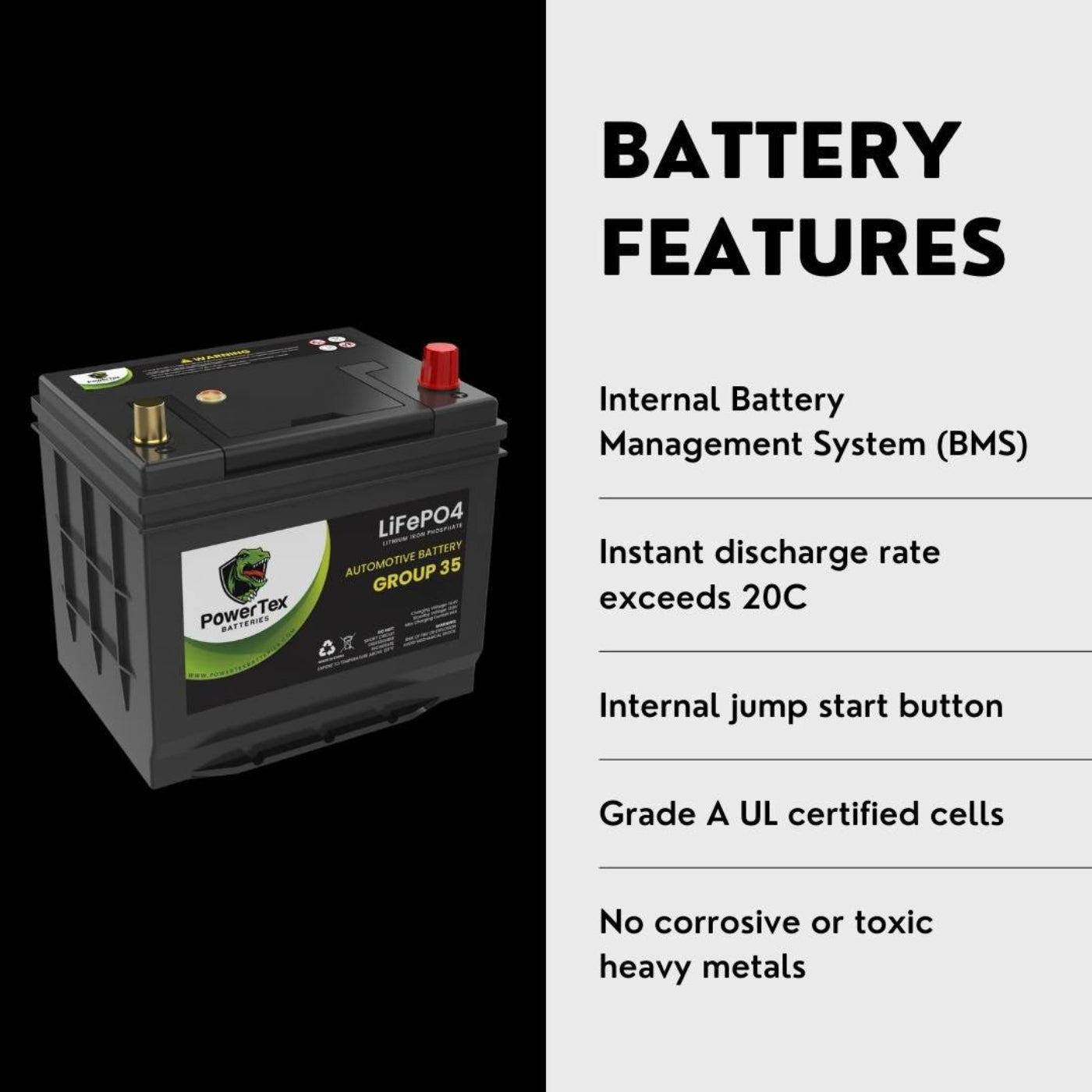 PowerTex 2018 Nissan Frontier Car Battery BCI Group 35 / Q85 Lithium LiFePO4 Automotive Battery - PTLG35-245