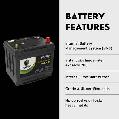 PowerTex 2016 Nissan Frontier Car Battery BCI Group 35 / Q85 Lithium LiFePO4 Automotive Battery - PTLG35-261