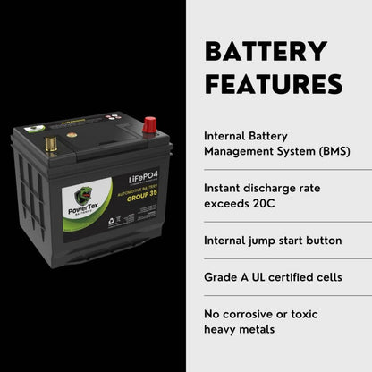 PowerTex 2022 Toyota GR86 H4 2.4L Replacement Car Battery BCI Group 35 Lithium LiFePO4 Automotive Powertex Battery - PTLG35-035