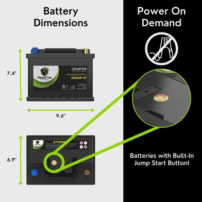 PowerTex 2010 Audi A5 Car Battery BCI Group 47 H5 Lithium LiFePO4 Replacement Automotive Battery - PTLG47-126