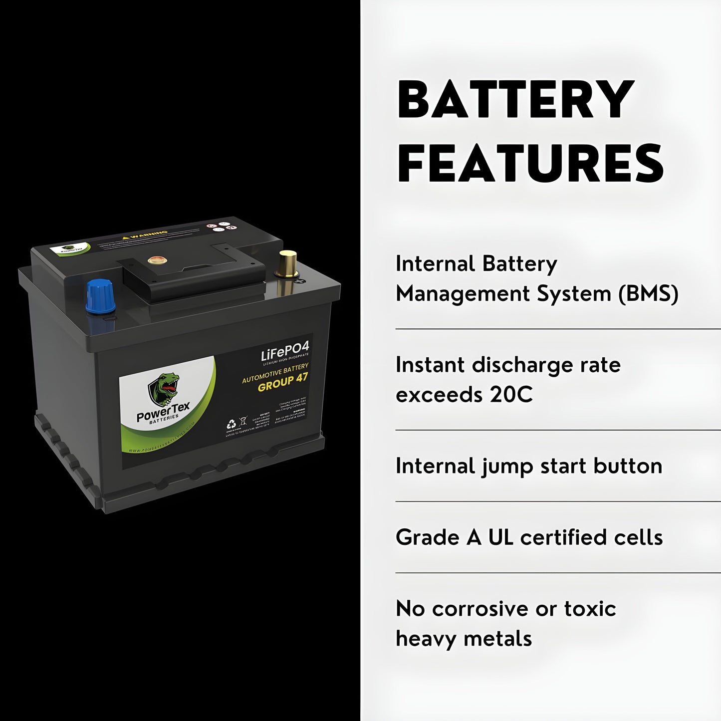 PowerTex 2023 Audi Q3 L4 2.0LReplacement Car Battery BCI Group 47 Lithium LiFePO4 Automotive Powertex Battery - PTLG47-011
