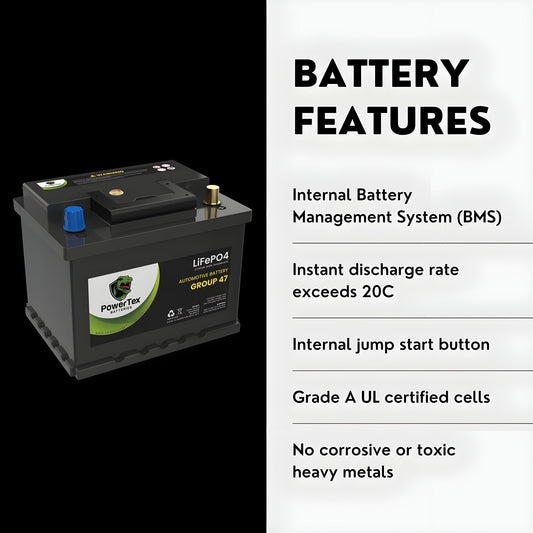 PowerTex 2022 Toyota Avalon L4 2.5LReplacement Car Battery BCI Group 47 Lithium LiFePO4 Automotive Powertex Battery - PTLG47-058