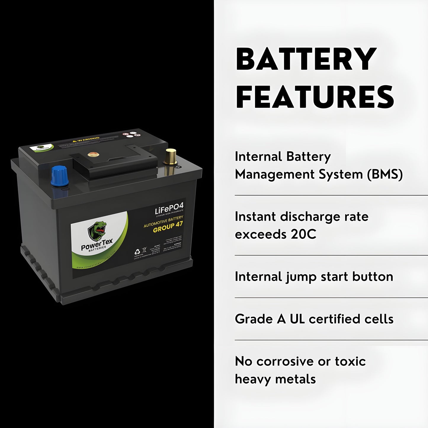 PowerTex 2024 Subaru Ascent H4 2.4LReplacement Car Battery BCI Group 47 Lithium LiFePO4 Automotive Powertex Battery - PTLG47-055