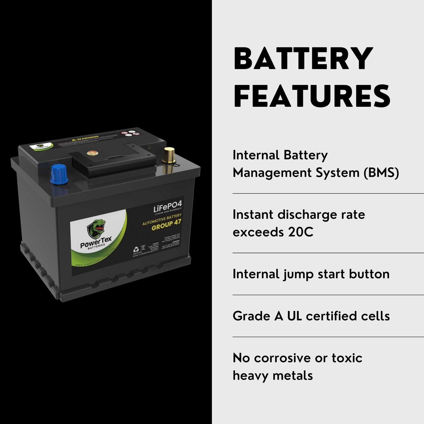 PowerTex 2011 Mini Cooper Car Battery BCI Group 47 H5 Lithium LiFePO4 Replacement Automotive Battery - PTLG47-457