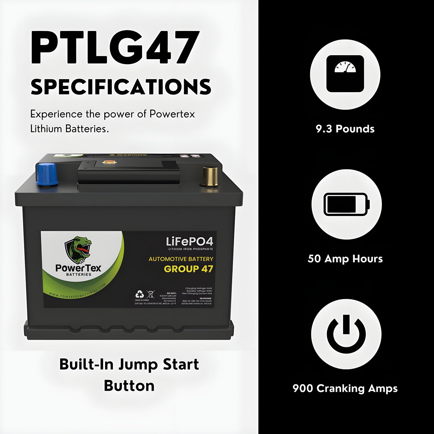 PowerTex 2024 Subaru Outback H4 2.5LReplacement Car Battery BCI Group 47 Lithium LiFePO4 Automotive Powertex Battery - PTLG47-057