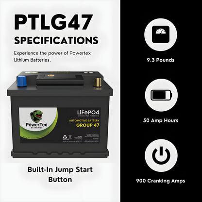PowerTex 2024 Subaru Outback H4 2.5LReplacement Car Battery BCI Group 47 Lithium LiFePO4 Automotive Powertex Battery - PTLG47-057