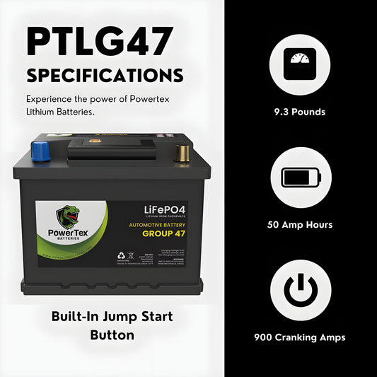 PowerTex 2024 Subaru Outback H4 2.5LReplacement Car Battery BCI Group 47 Lithium LiFePO4 Automotive Powertex Battery - PTLG47-057