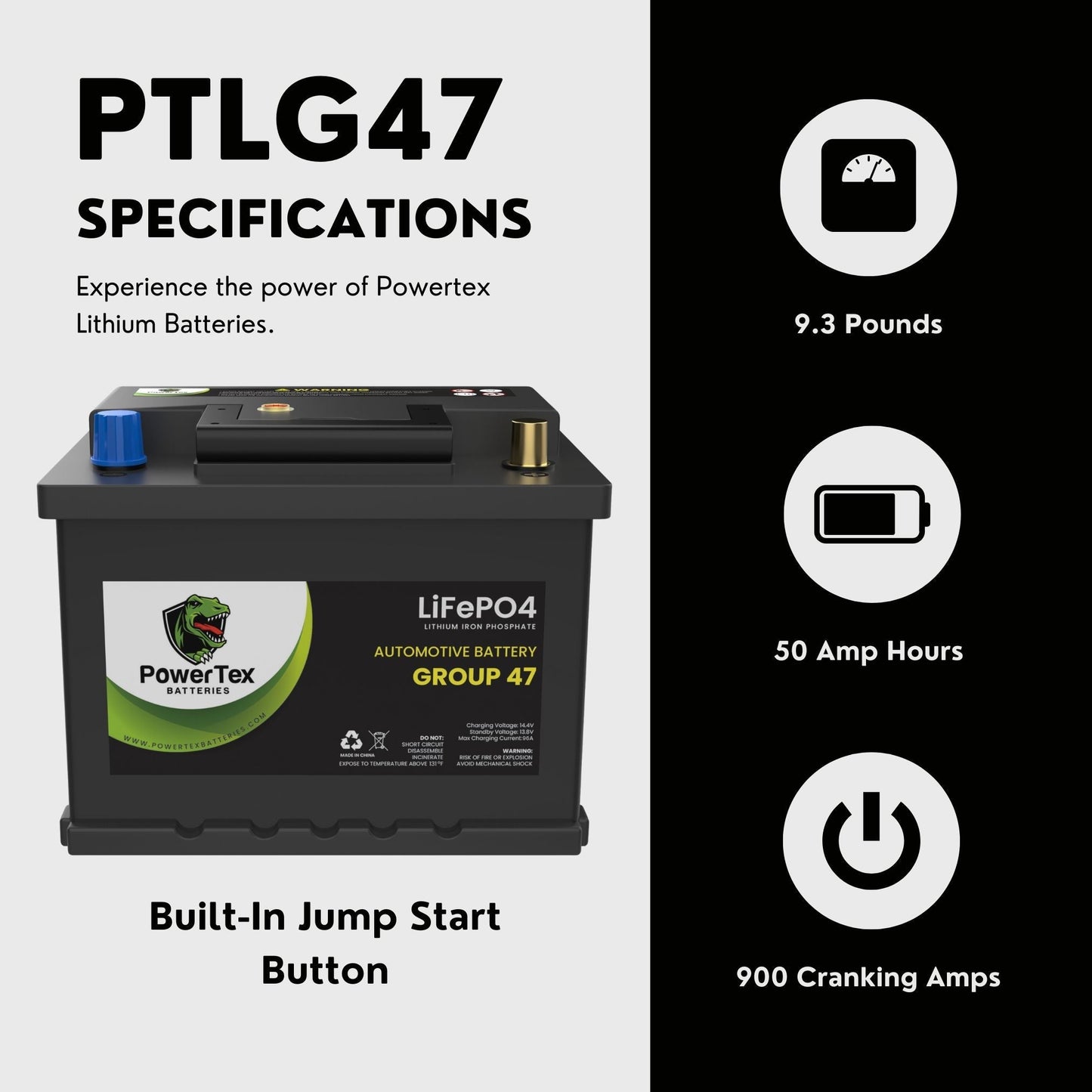 PowerTex 2010 Audi A5 Car Battery BCI Group 47 H5 Lithium LiFePO4 Replacement Automotive Battery - PTLG47-126