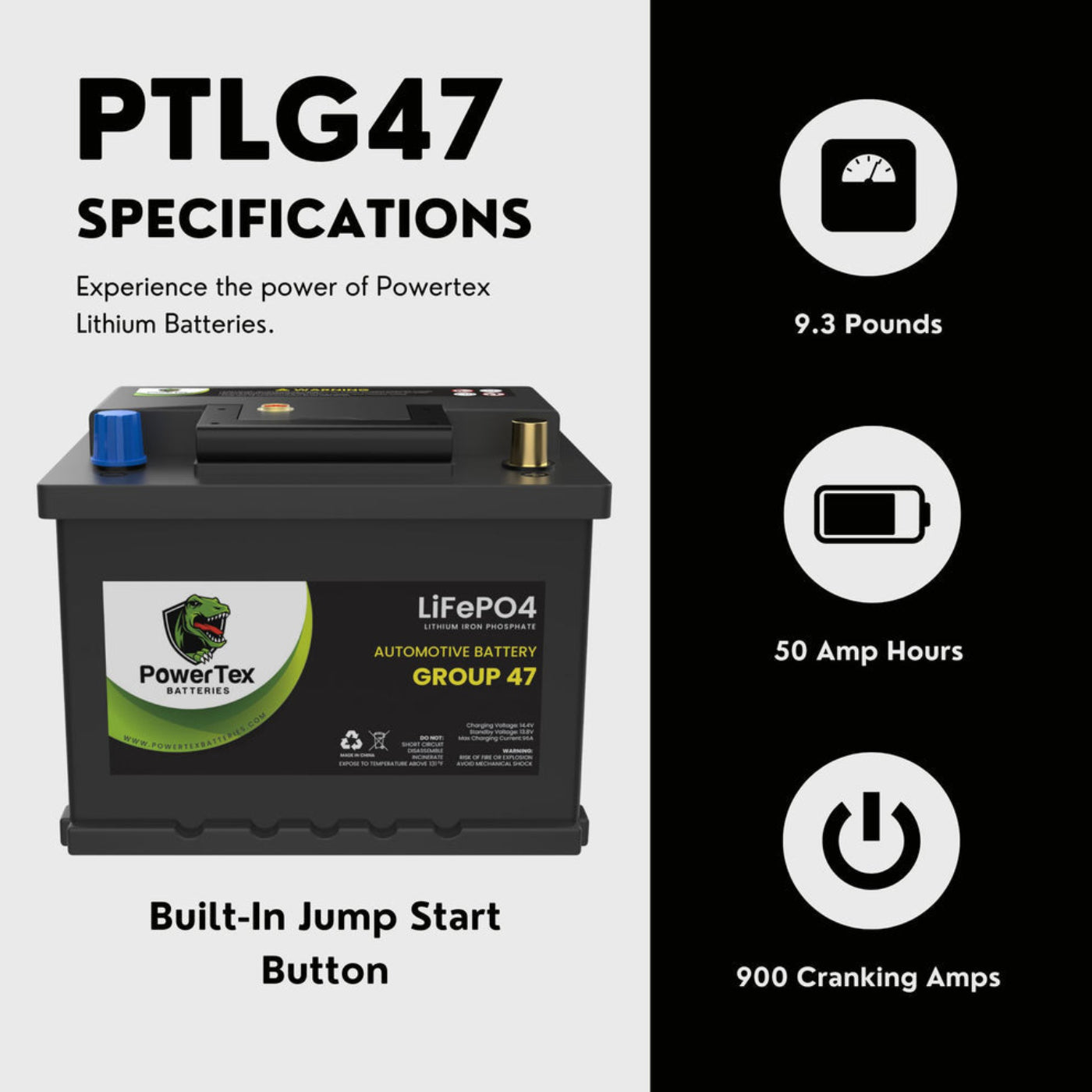 PowerTex 2022 Subaru Outback H4 2.4LReplacement Car Battery BCI Group 47 Lithium LiFeP - PTLG47-048O4 Automotive Powertex Battery