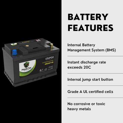 PowerTex 2023 Ford Explorer V6 3.0L Replacement Car Battery BCI Group 48 Lithium LiFePO4 Automotive Powertex Battery - PTLG48-0274