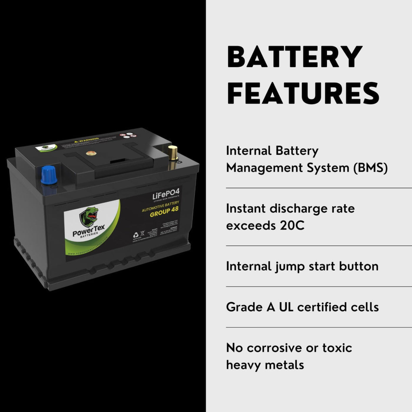 PowerTex 2023 Ford Explorer V6 3.3L Replacement Car Battery BCI Group 48 Lithium LiFePO4 Automotive Powertex Battery - PTLG48-0273