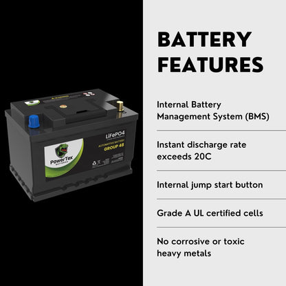 PowerTex 2021 Kia Stinger Car Battery BCI Group 48 / H6 Lithium LiFePO4 Replacement Automotive Battery -   PTLG48-1098