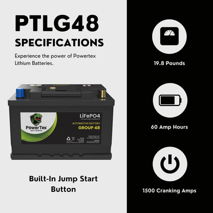 PowerTex 2018 Kia Stinger Car Battery BCI Group 48 / H6 Lithium LiFePO4 Replacement Automotive Battery - PTLG48-1104