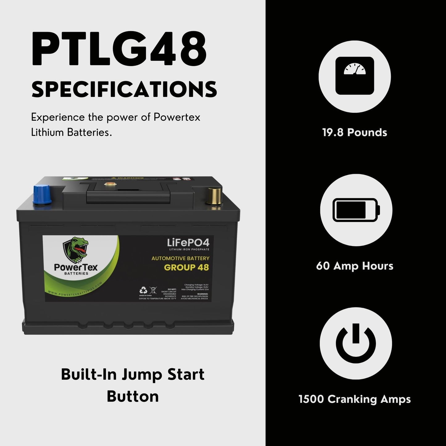 PowerTex 2021 Kia Stinger Car Battery BCI Group 48 / H6 Lithium LiFePO4 Replacement Automotive Battery -   PTLG48-1098
