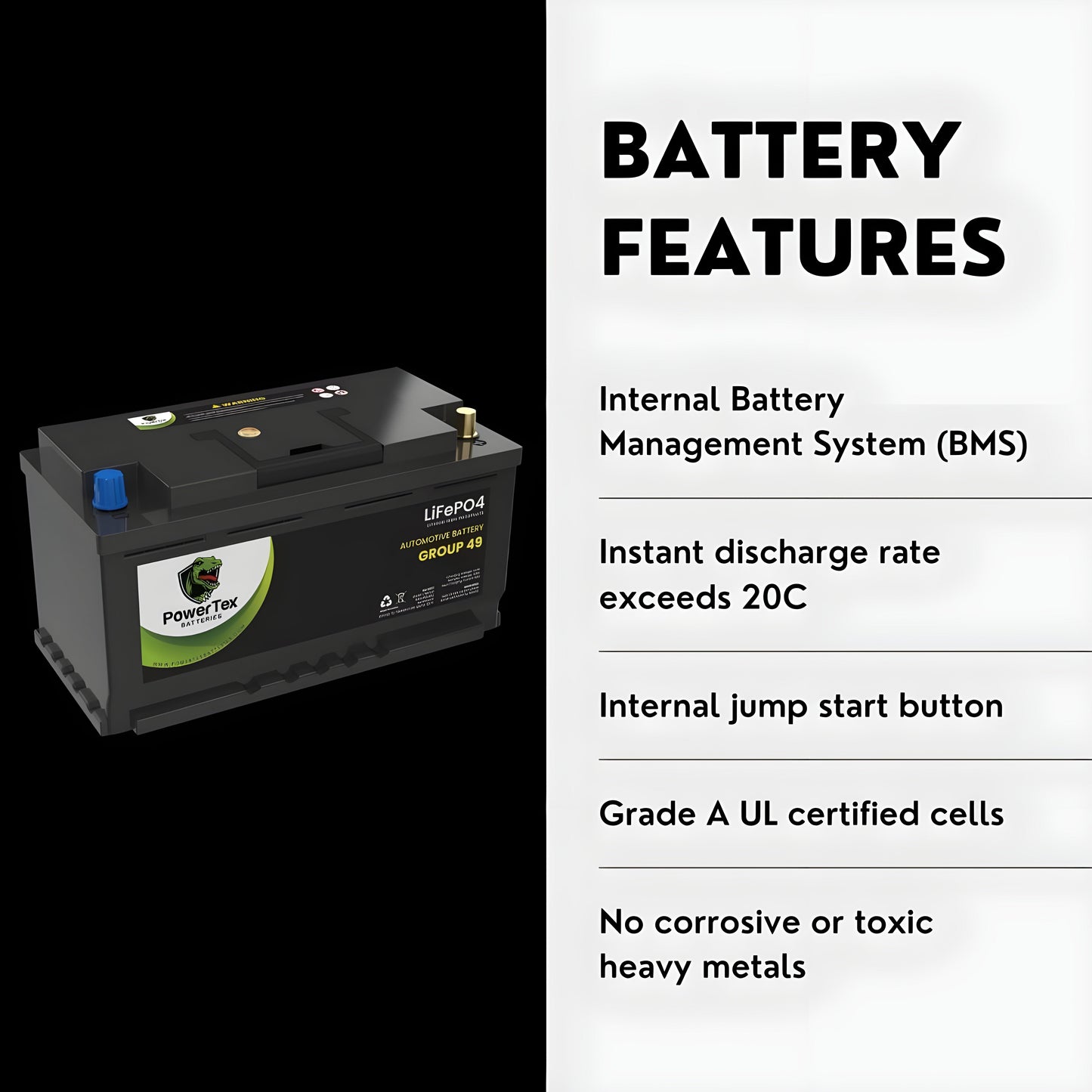 PowerTex 2024 Audi RS5 V6 2.9LReplacement Car Battery BCI Group 49 Lithium LiFePO4 Automotive Powertex Battery - PTLG49-0247