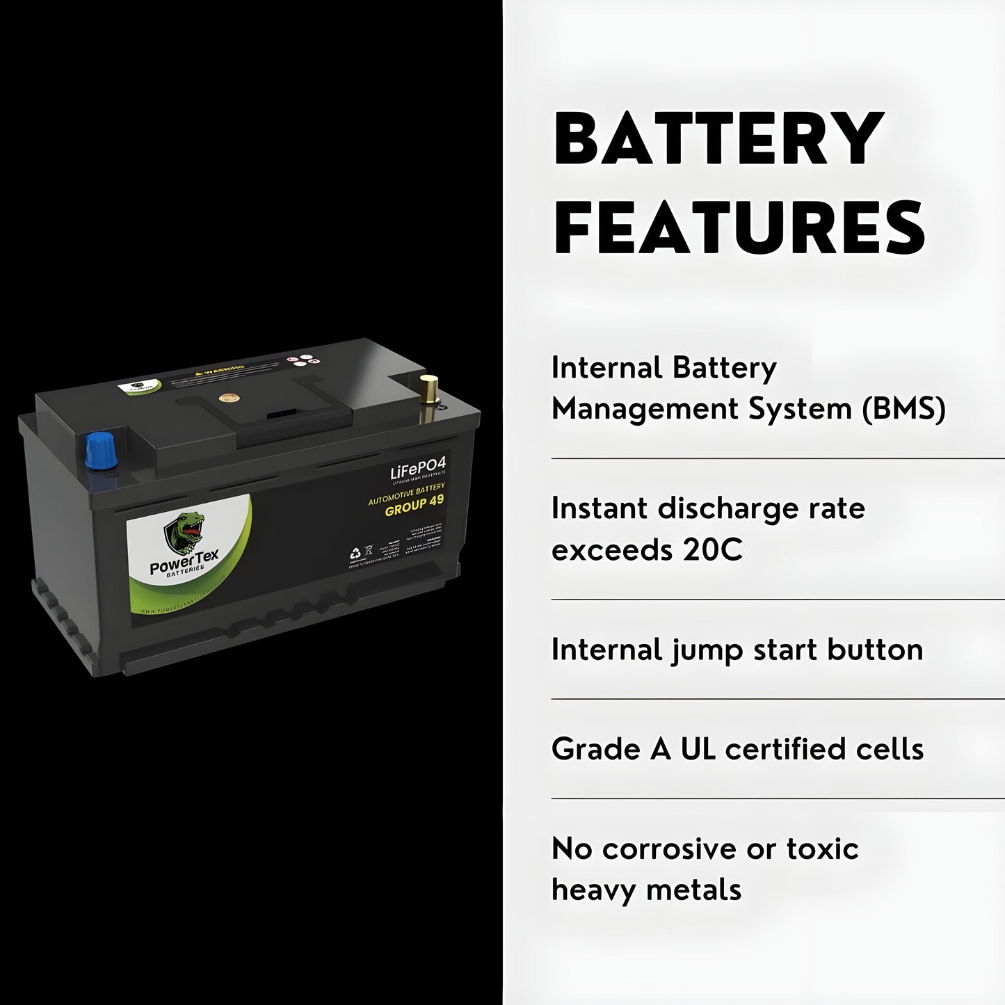 PowerTex 2023 Kia Stinger V6 3.3LReplacement Car Battery BCI Group 49 Lithium LiFePO4 Automotive Powertex Battery