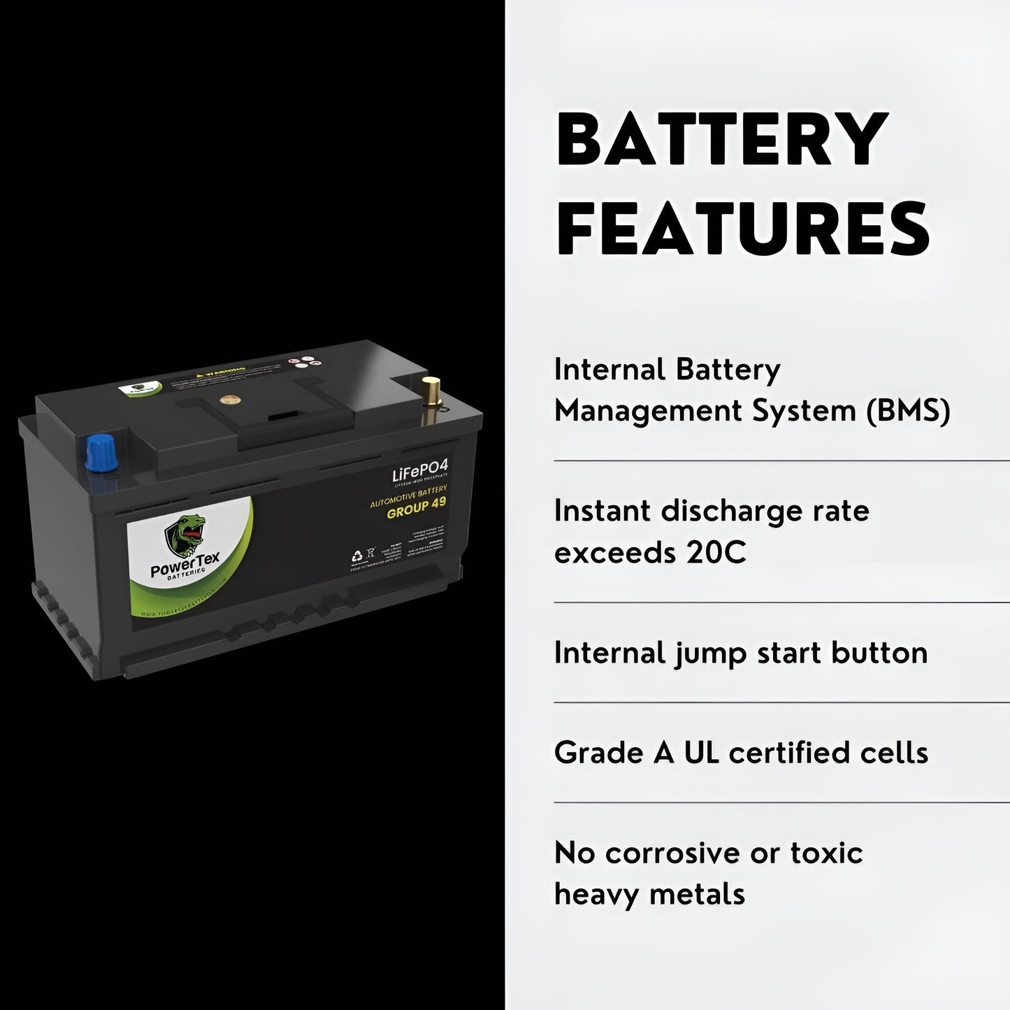 PowerTex 2021 BMW M240i Car Battery BCI Group 49 / H8 Replacement Lithium LiFePO4 Automotive Battery