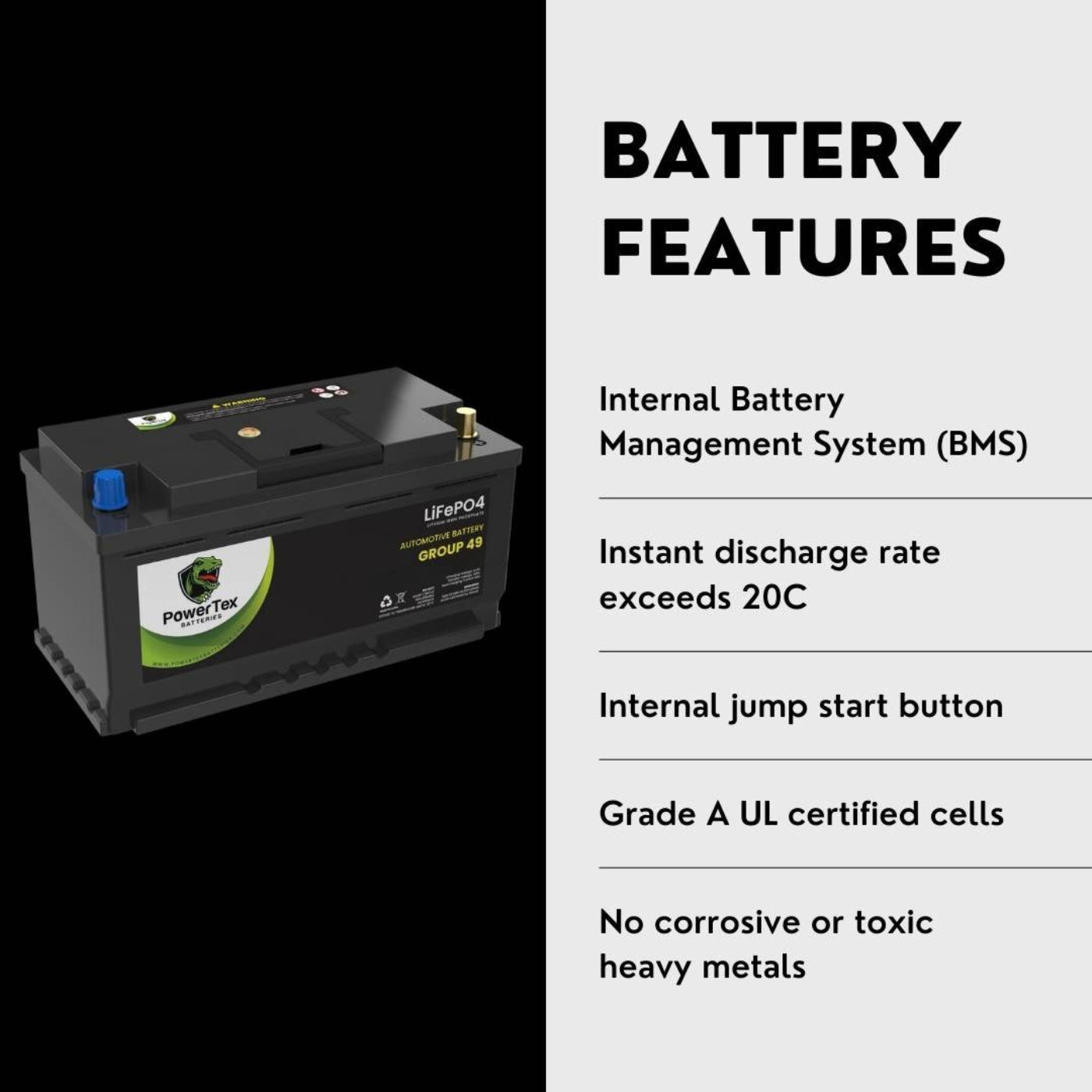 PowerTex 2022 BMW X5 V8 4.4LReplacement Car Battery BCI Group 49 Lithium LiFePO4 Automotive Powertex Battery - PTLG49-0163