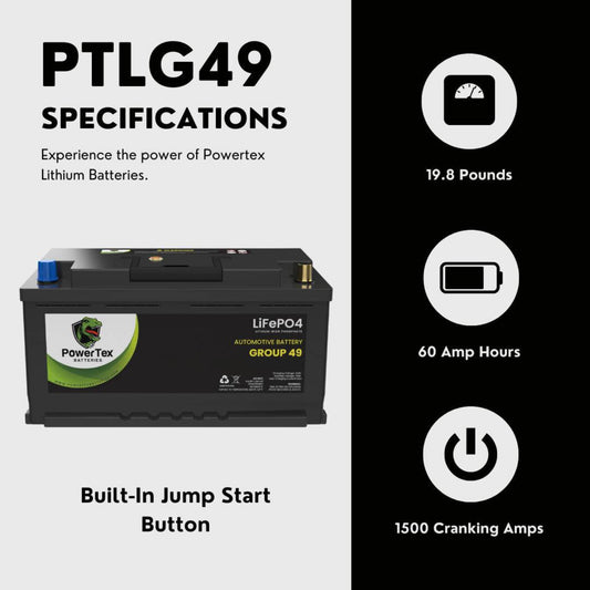 PowerTex 2024 Audi RS5 V6 2.9LReplacement Car Battery BCI Group 49 Lithium LiFePO4 Automotive Powertex Battery - PTLG49-0247