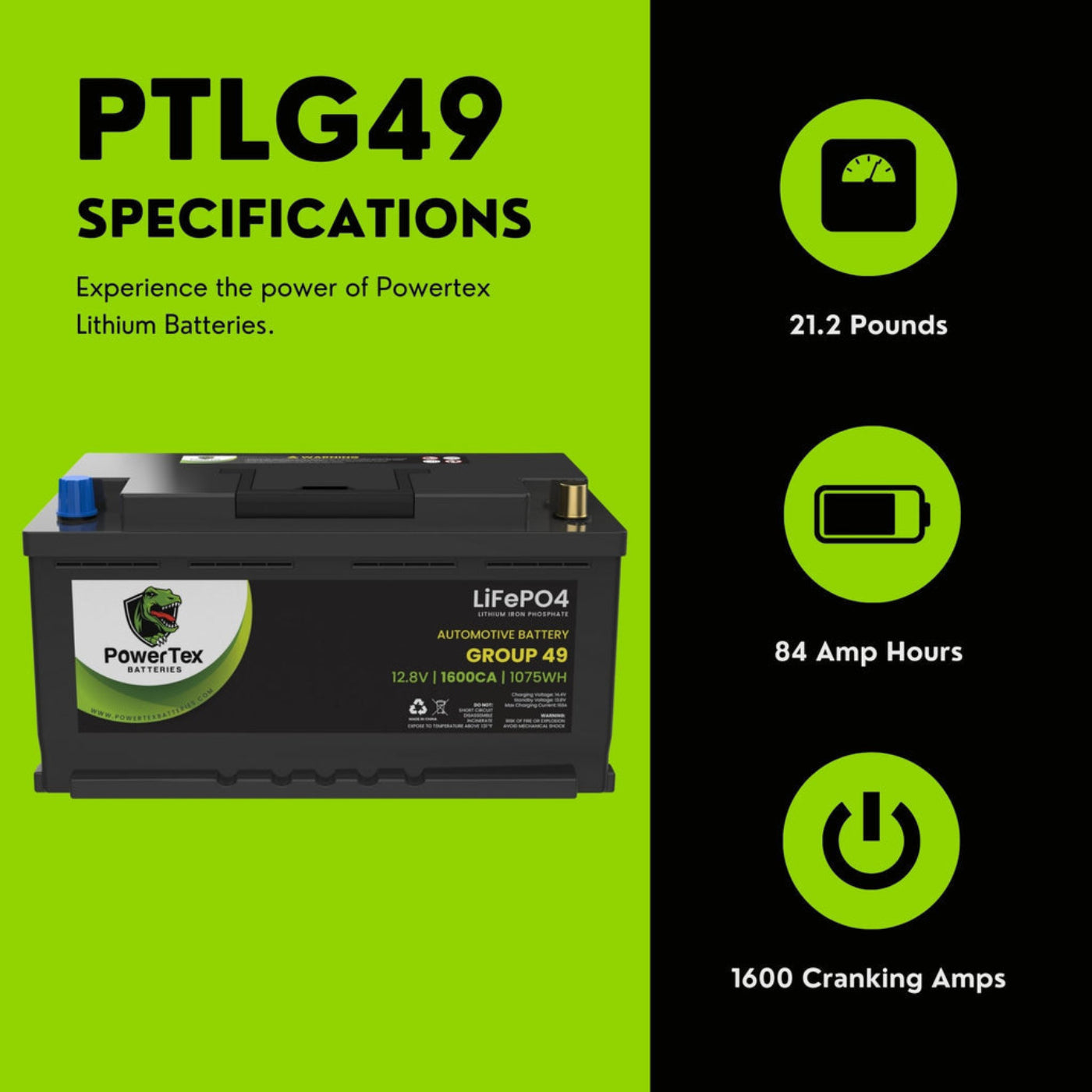 PowerTex 2018 Ford F-150 Car Battery BCI Group 49 / H8 Lithium LiFePO4 Automotive Battery - PTLG49-888