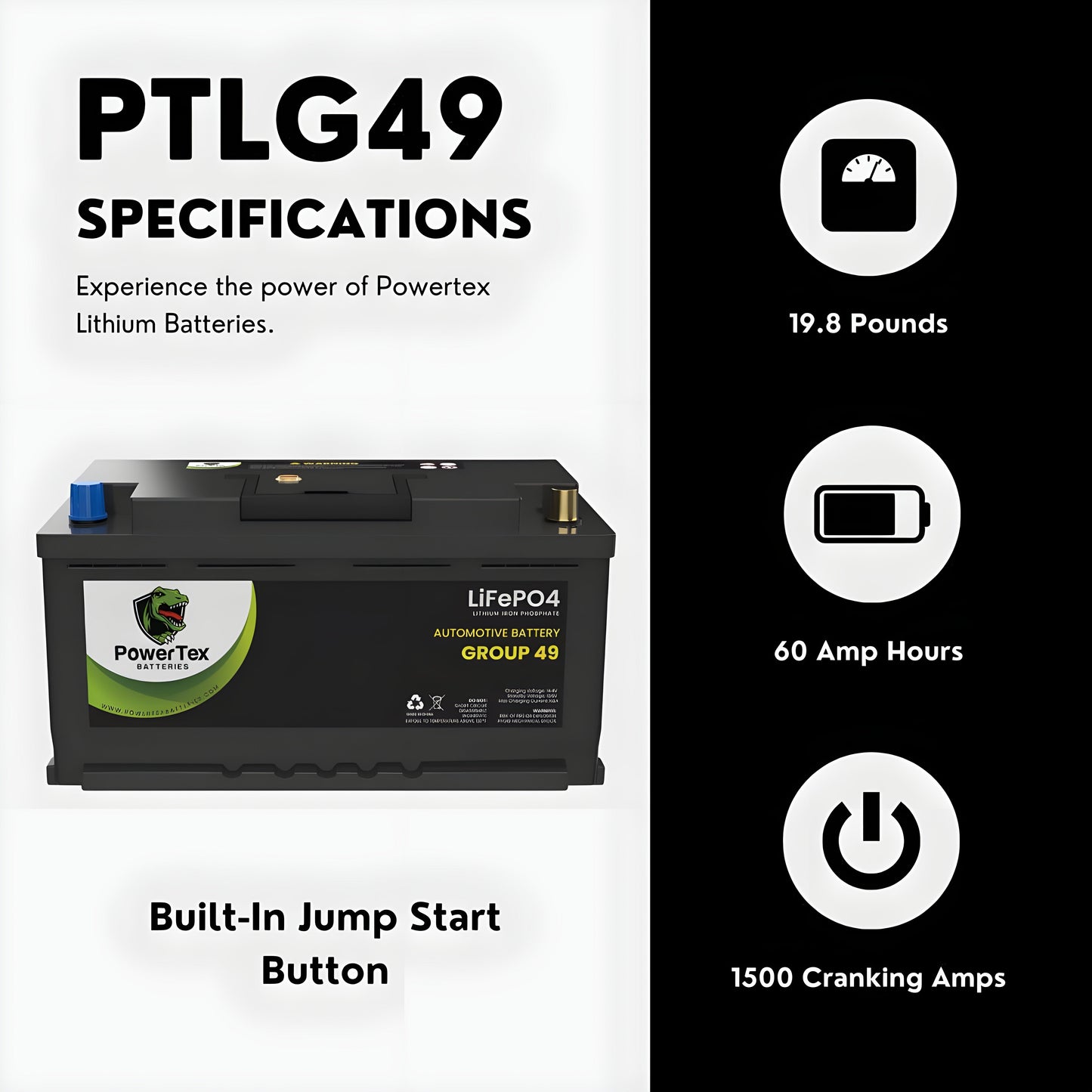 PowerTex 2024 BMW X3 L6 3.0LReplacement Car Battery BCI Group 49 Lithium LiFePO4 Automotive Powertex Battery - PTLG49-0185