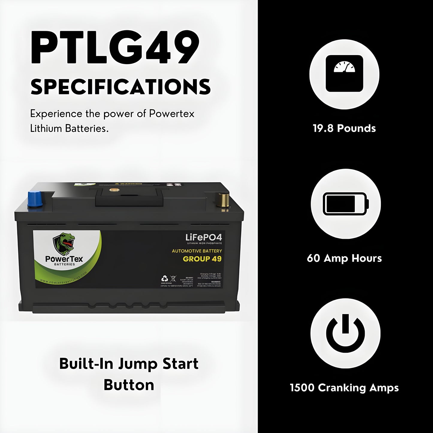 PowerTex 2024 Chevrolet Suburban L6 3.0LReplacement Car Battery BCI Group 49 Lithium LiFePO4 Automotive Powertex Battery - PTLG49-0137