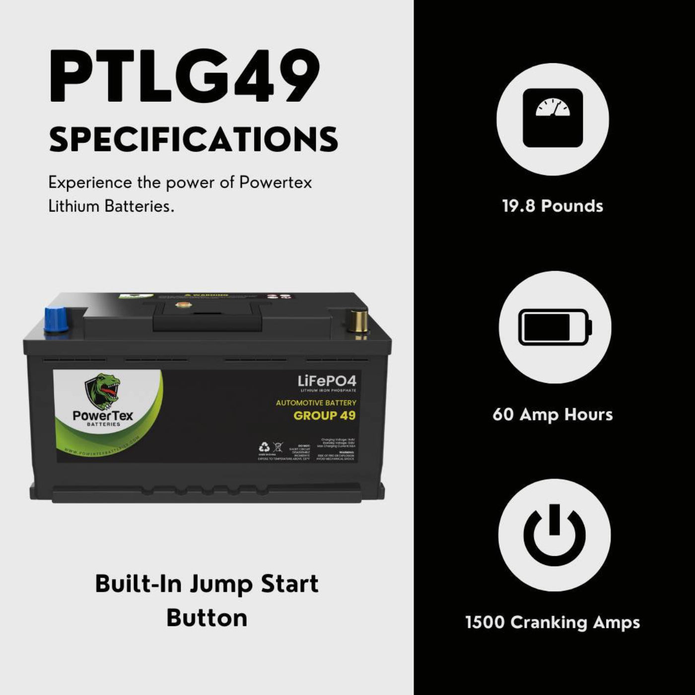 PowerTex 2024 Audi S8 V8 4.0LReplacement Car Battery BCI Group 49 Lithium LiFePO4 Automotive Powertex Battery - PTLG49-0249
