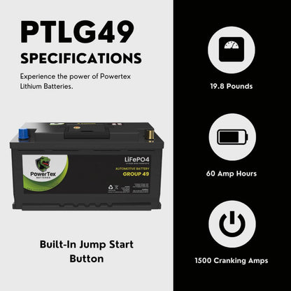 PowerTex 2024 Audi S8 V8 4.0LReplacement Car Battery BCI Group 49 Lithium LiFePO4 Automotive Powertex Battery - PTLG49-0249