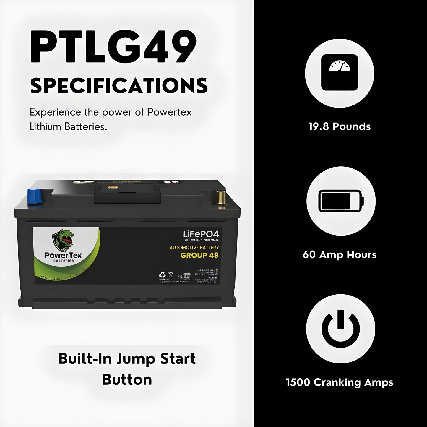 PowerTex 2023 Kia Stinger V6 3.3LReplacement Car Battery BCI Group 49 Lithium LiFePO4 Automotive Powertex Battery