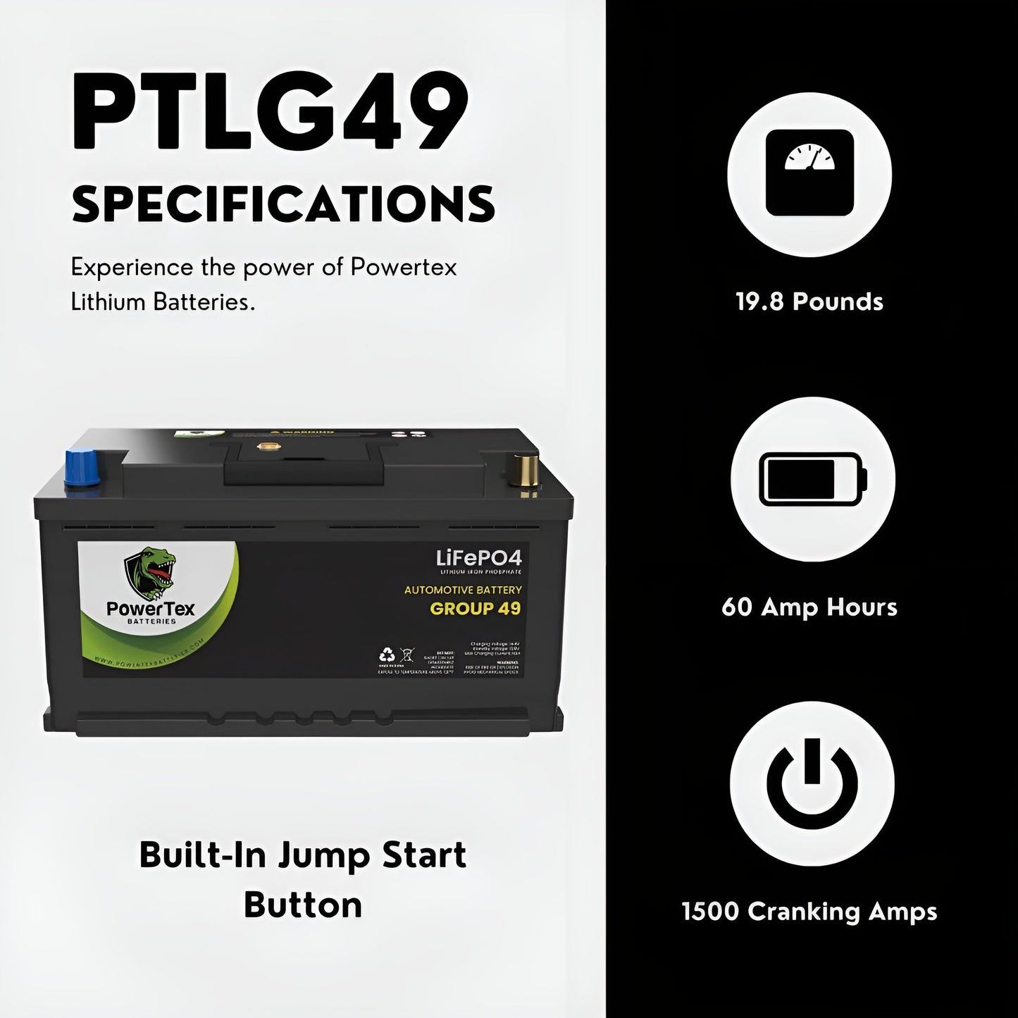 PowerTex 2019 BMW 440i Car Battery BCI Group 49 / H8 Replacement Lithium LiFePO4 Automotive Battery