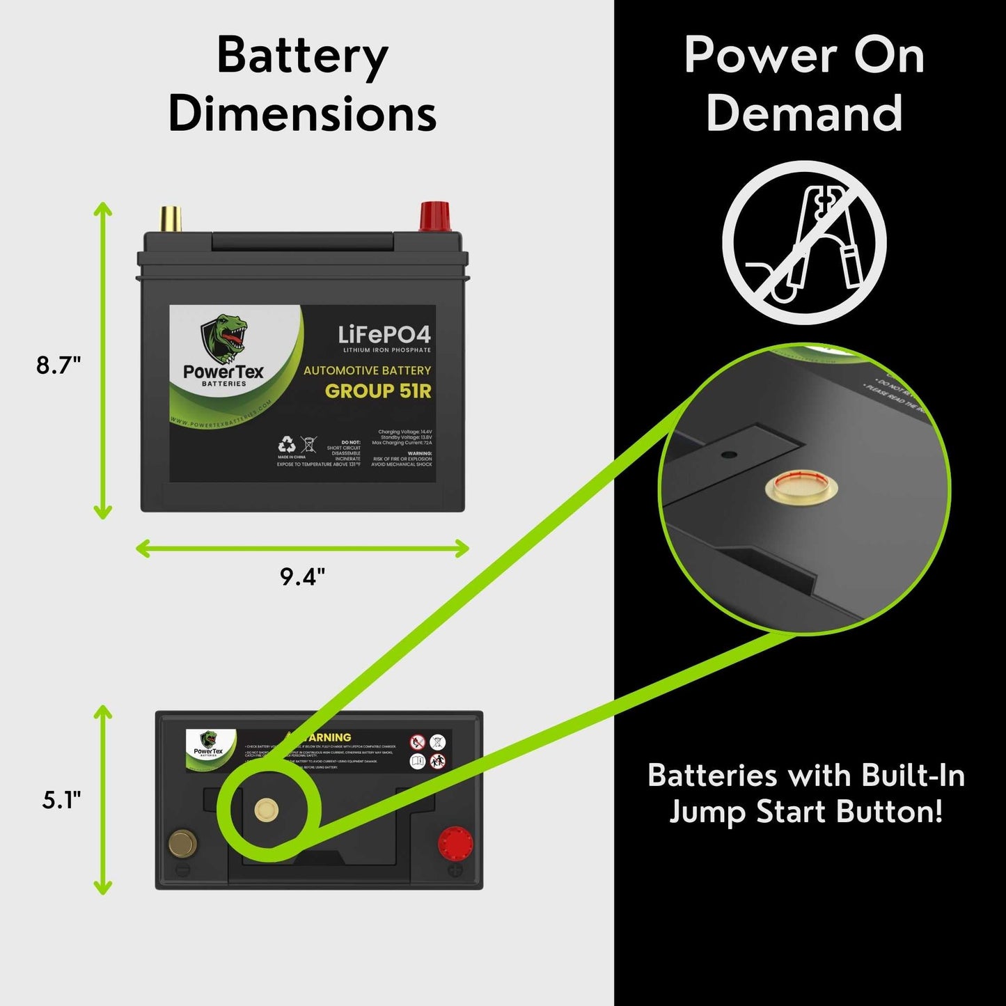 PowerTex Batteries BCI Group 51R Lithium LiFePO4 Automotive Battery - PTLG51R