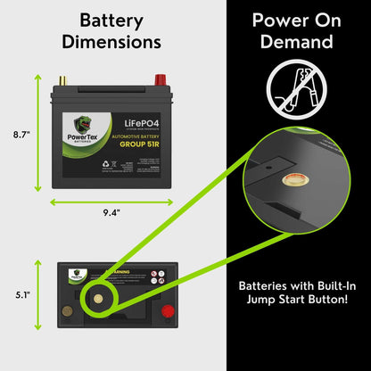 PowerTex Batteries BCI Group 51R Lithium LiFePO4 Automotive Battery - PTLG51R