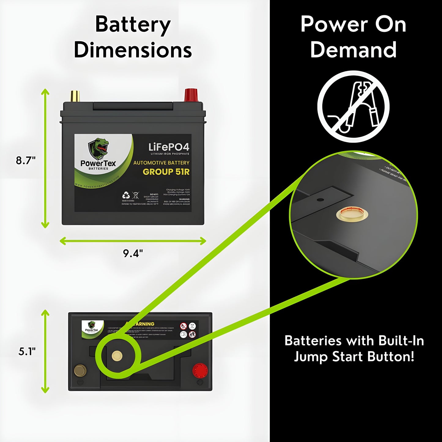PowerTex 2020 Tesla Model Y Replacement Car Battery BCI Group 51R Lithium LiFePO4 Automotive Powertex Battery - PTLG51R-0-5