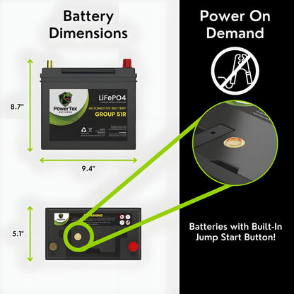 PowerTex 2020 Tesla Model Y Replacement Car Battery BCI Group 51R Lithium LiFePO4 Automotive Powertex Battery - PTLG51R-0-5