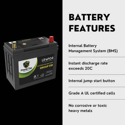 PowerTex Batteries BCI Group 51R Lithium LiFePO4 Automotive Battery - PTLG51R