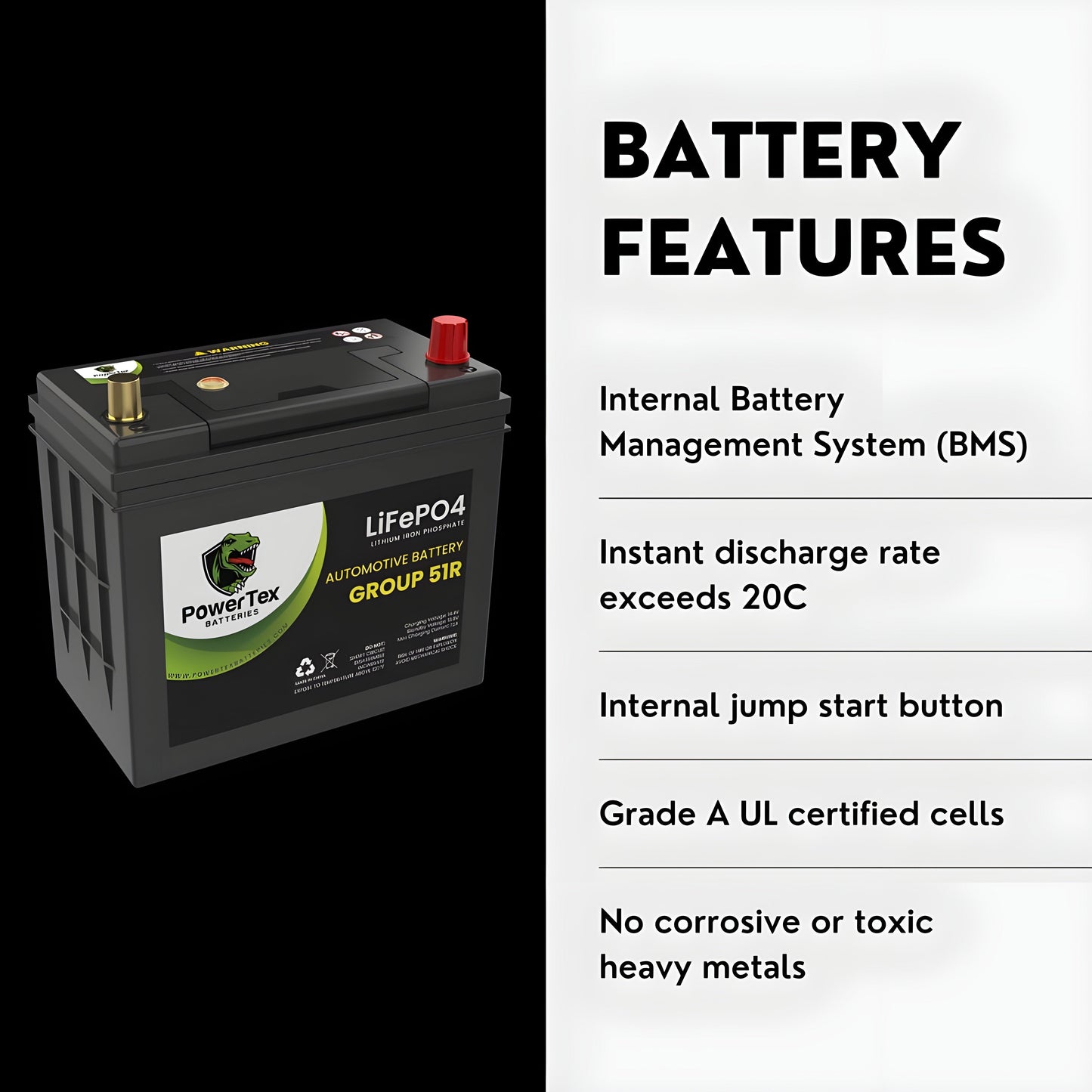 PowerTex 2020 Tesla Model Y Replacement Car Battery BCI Group 51R Lithium LiFePO4 Automotive Powertex Battery - PTLG51R-0-5