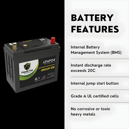 PowerTex 2020 Tesla Model Y Replacement Car Battery BCI Group 51R Lithium LiFePO4 Automotive Powertex Battery - PTLG51R-0-5