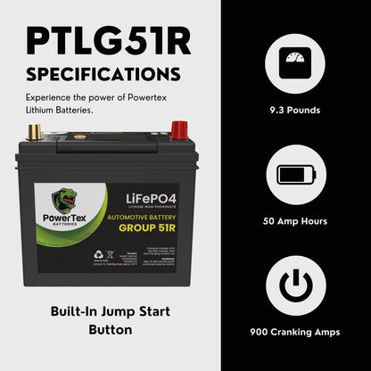 PowerTex Batteries BCI Group 51R Lithium LiFePO4 Automotive Battery - PTLG51R