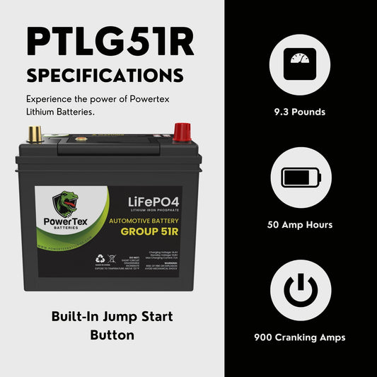 PowerTex Batteries BCI Group 51R Lithium LiFePO4 Automotive Battery - PTLG51R