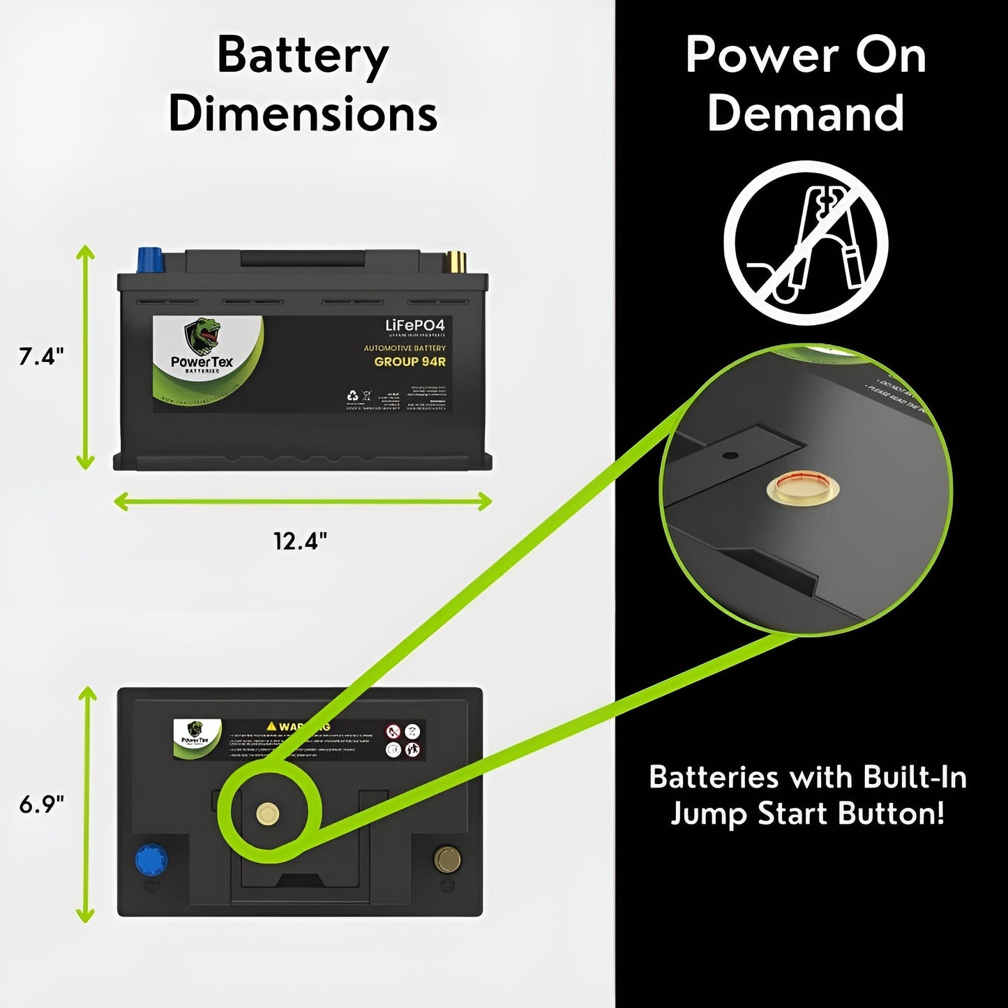 PowerTex 2024 BMW 228I L4 2.0L Replacement Car Battery BCI Group 94R Lithium LiFePO4 Automotive Powertex Battery