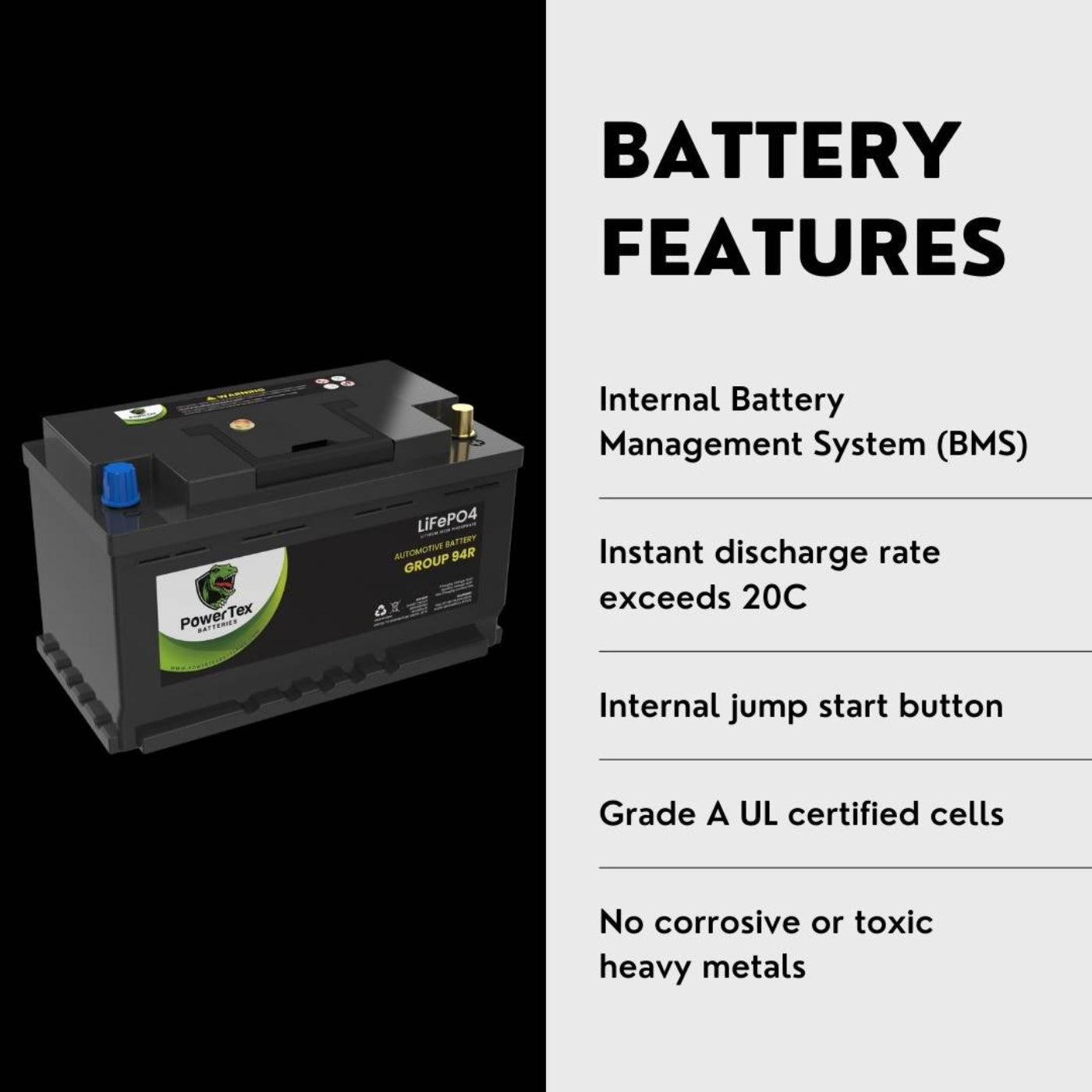 PowerTex 2004 Porsche Cayenne Car Battery BCI Group 94R / H7 Lithium LiFePO4 Automotive Battery - PTLG94R-1182