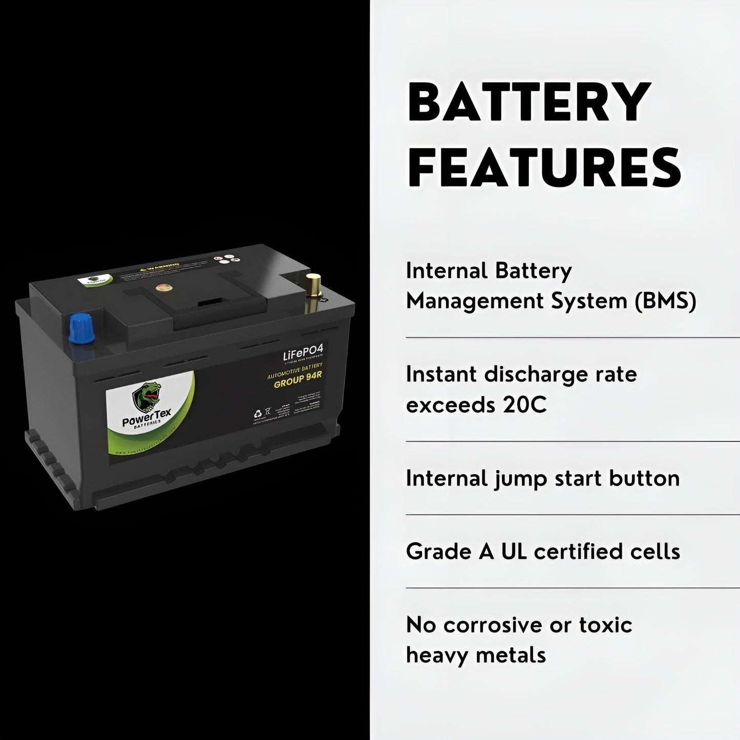 PowerTex 2024 Ford Bronco V6 3.0L Replacement Car Battery BCI Group 94R Lithium LiFePO4 Automotive Powertex Battery
