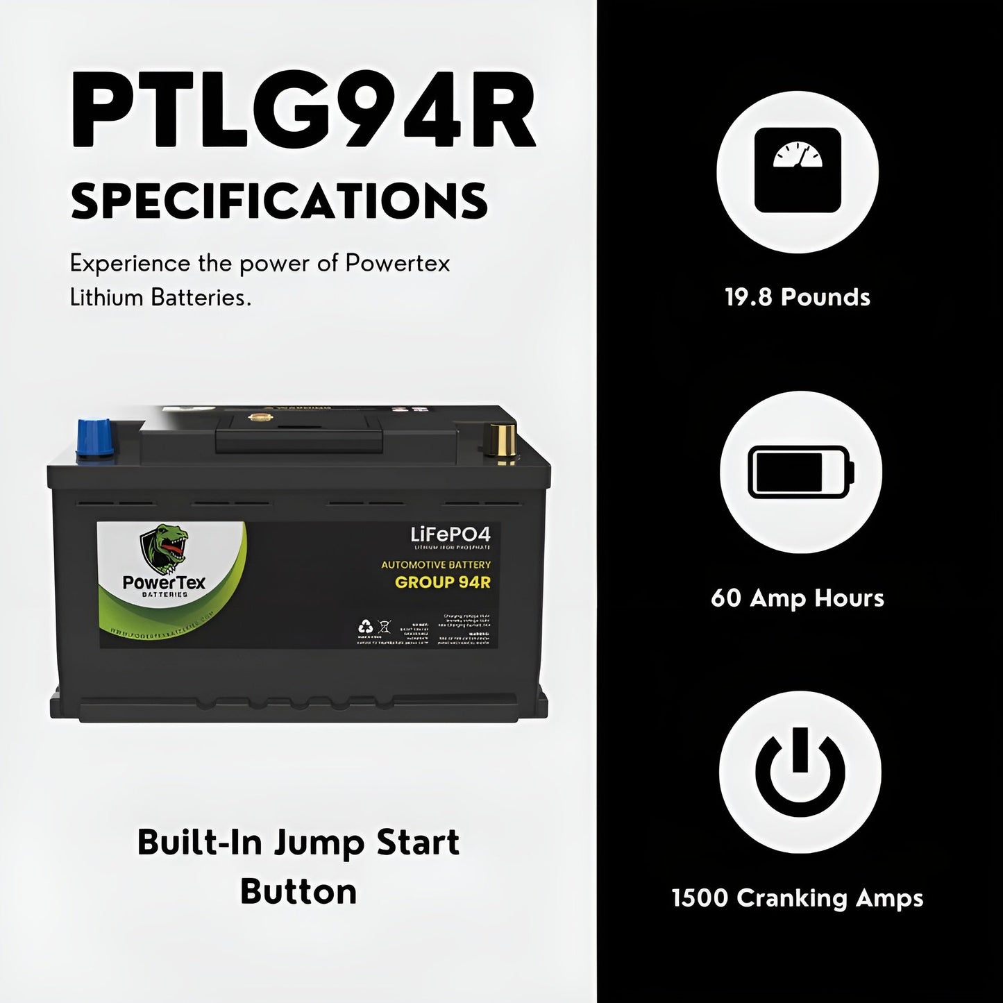 PowerTex 2022 Volkswagen Tiguan L4 2.0L Replacement Car Battery BCI Group 94R Lithium LiFePO4 Automotive Powertex Battery