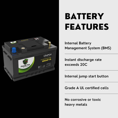 PowerTex Batteries BCI Group T6 / L2 Lithium LiFePO4 Automotive Battery - PTLGT6