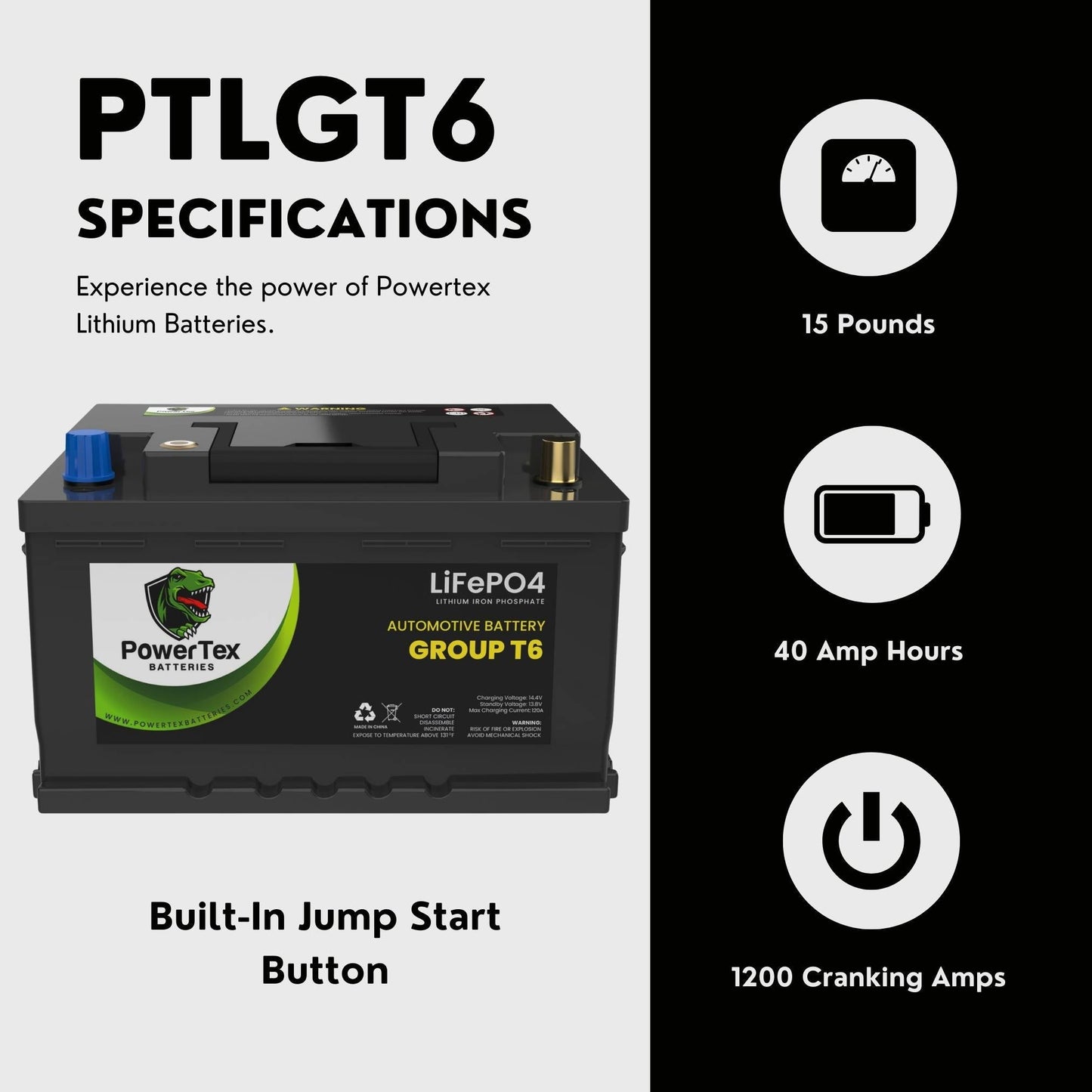 PowerTex Batteries BCI Group T6 / L2 Lithium LiFePO4 Automotive Battery - PTLGT6