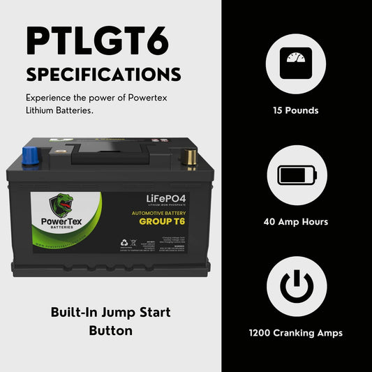 PowerTex Batteries BCI Group T6 / L2 Lithium LiFePO4 Automotive Battery - PTLGT6