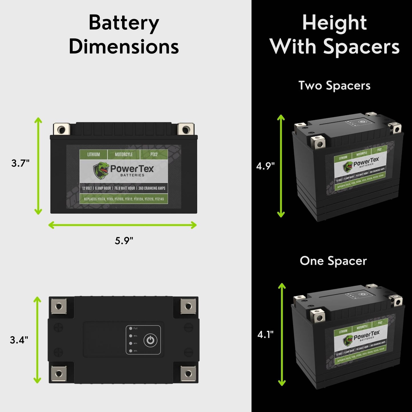 PowerTex Batteries YT12A-BS LiFePO4 Lithium Iron Phosphate Motorcycle Battery
