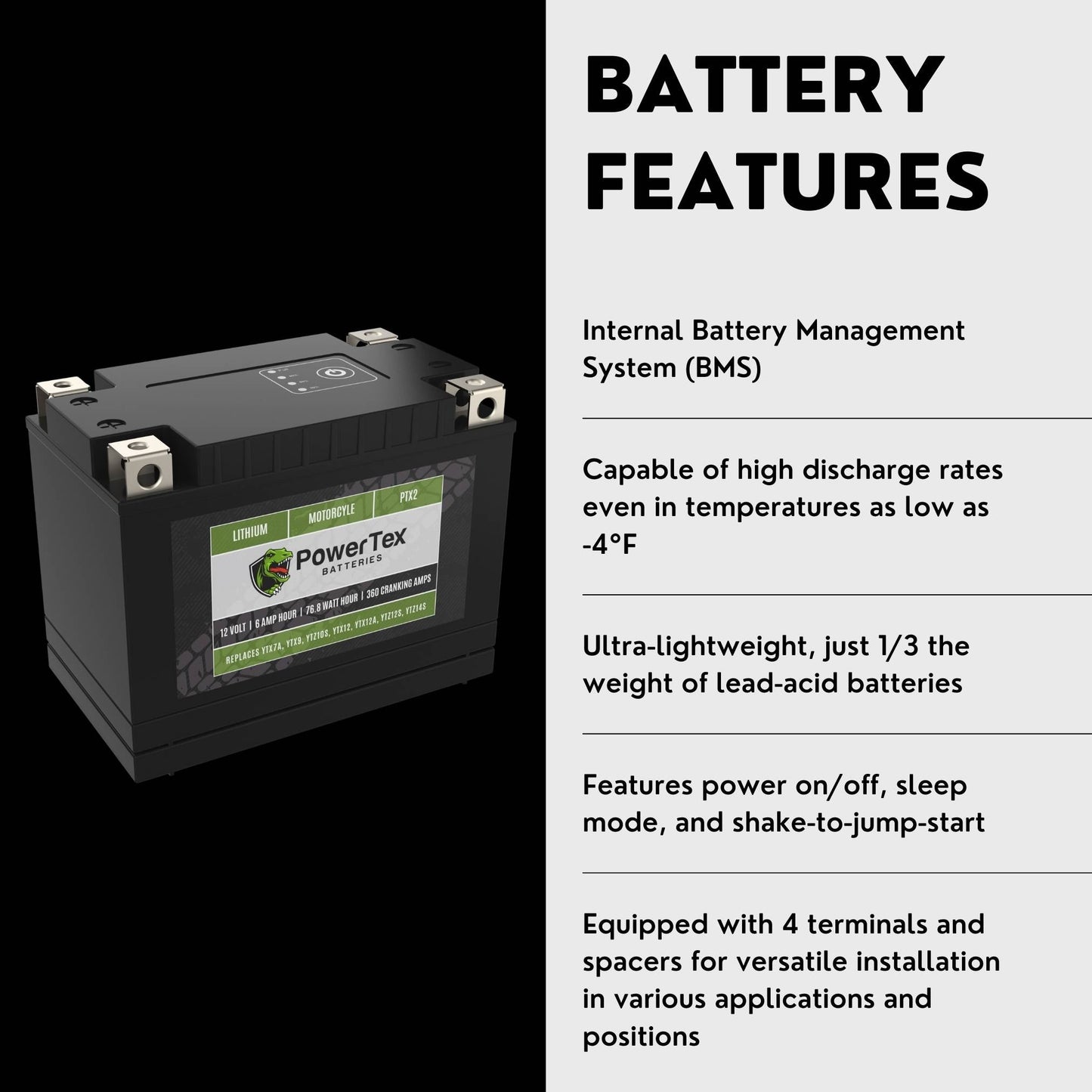 PowerTex Batteries YT12A-BS LiFePO4 Lithium Iron Phosphate Motorcycle Battery